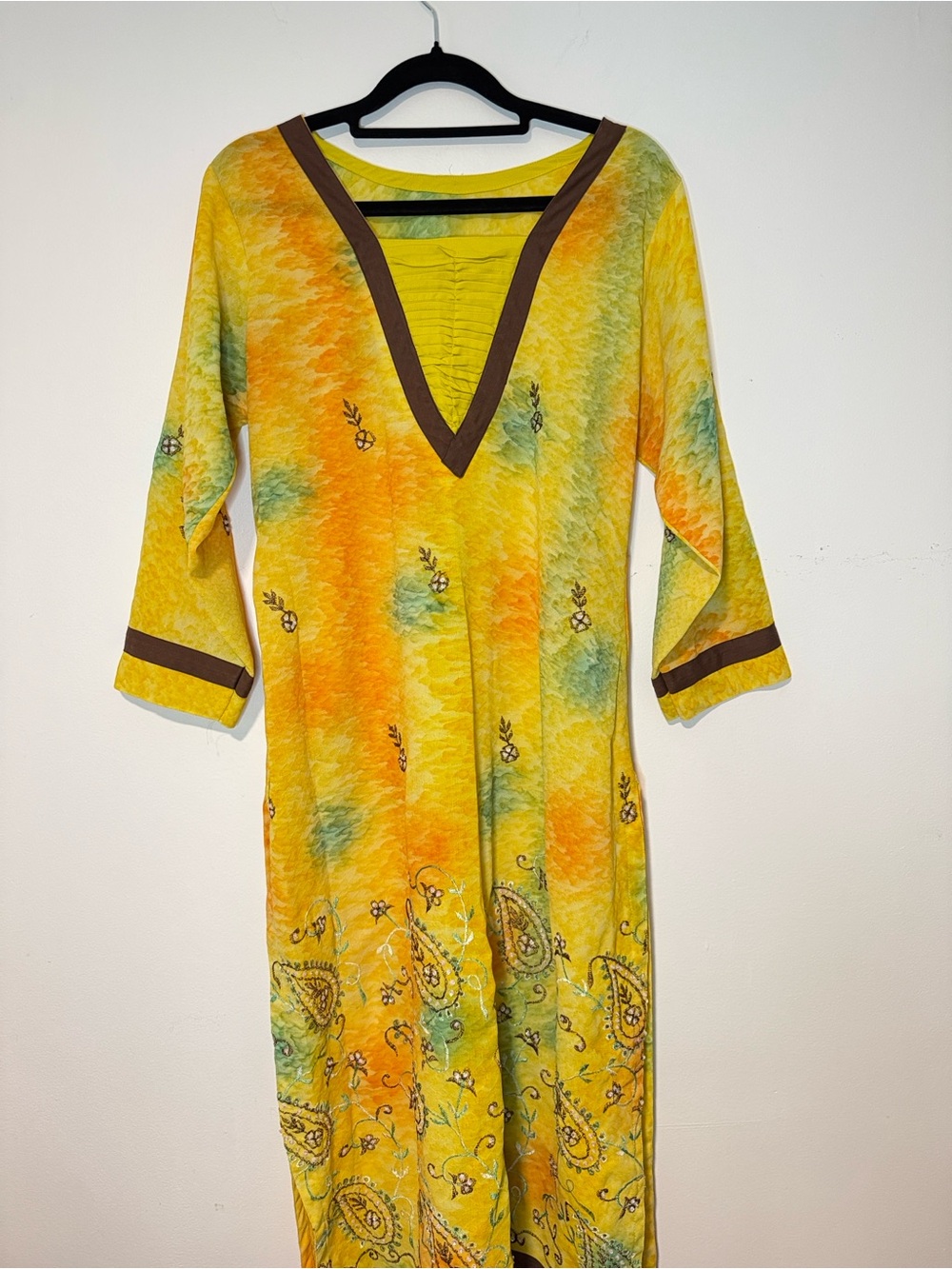 Women handmade Kurti  yellow & Green V-Neck Dress